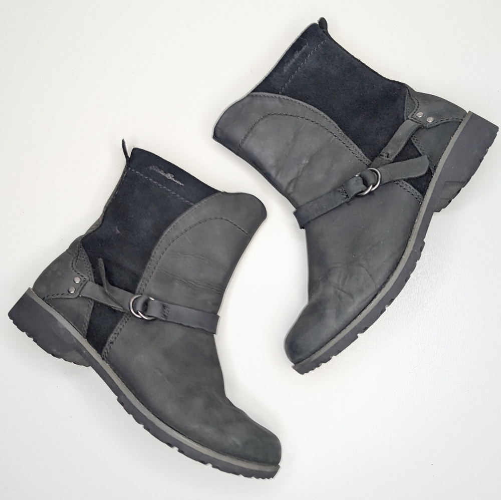 Eddie Bauer Black Leather Boots Mid Calf Side Zip Nubuck Suede Size 7.5
